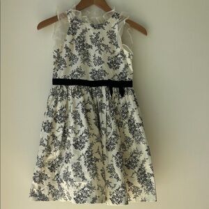 Janie and Jack White Dress with Black Floral Print and Black Waist Ribbon